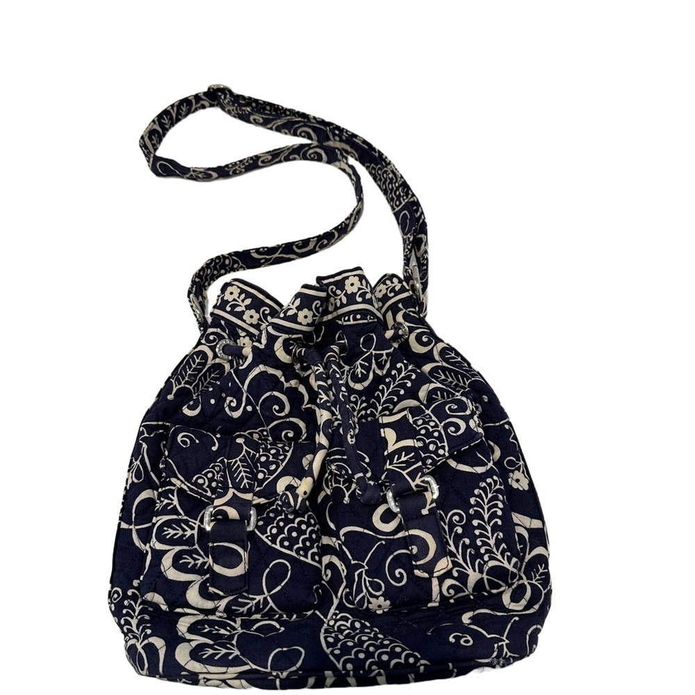 Vera Bradley Twirly Birds Navy Drawstring Crossbody Bucket Bag Rare